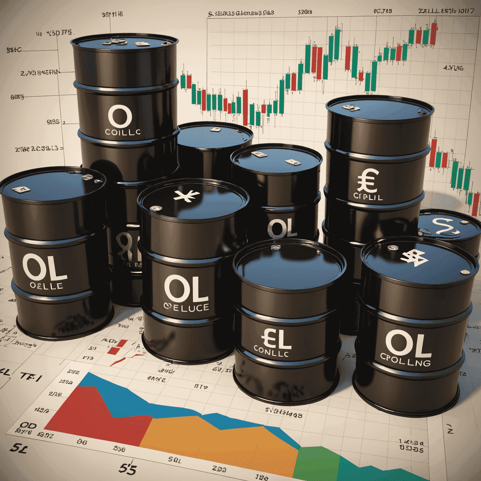 An illustration showing oil barrels, trading charts, and currency symbols, representing the basics of oil trading