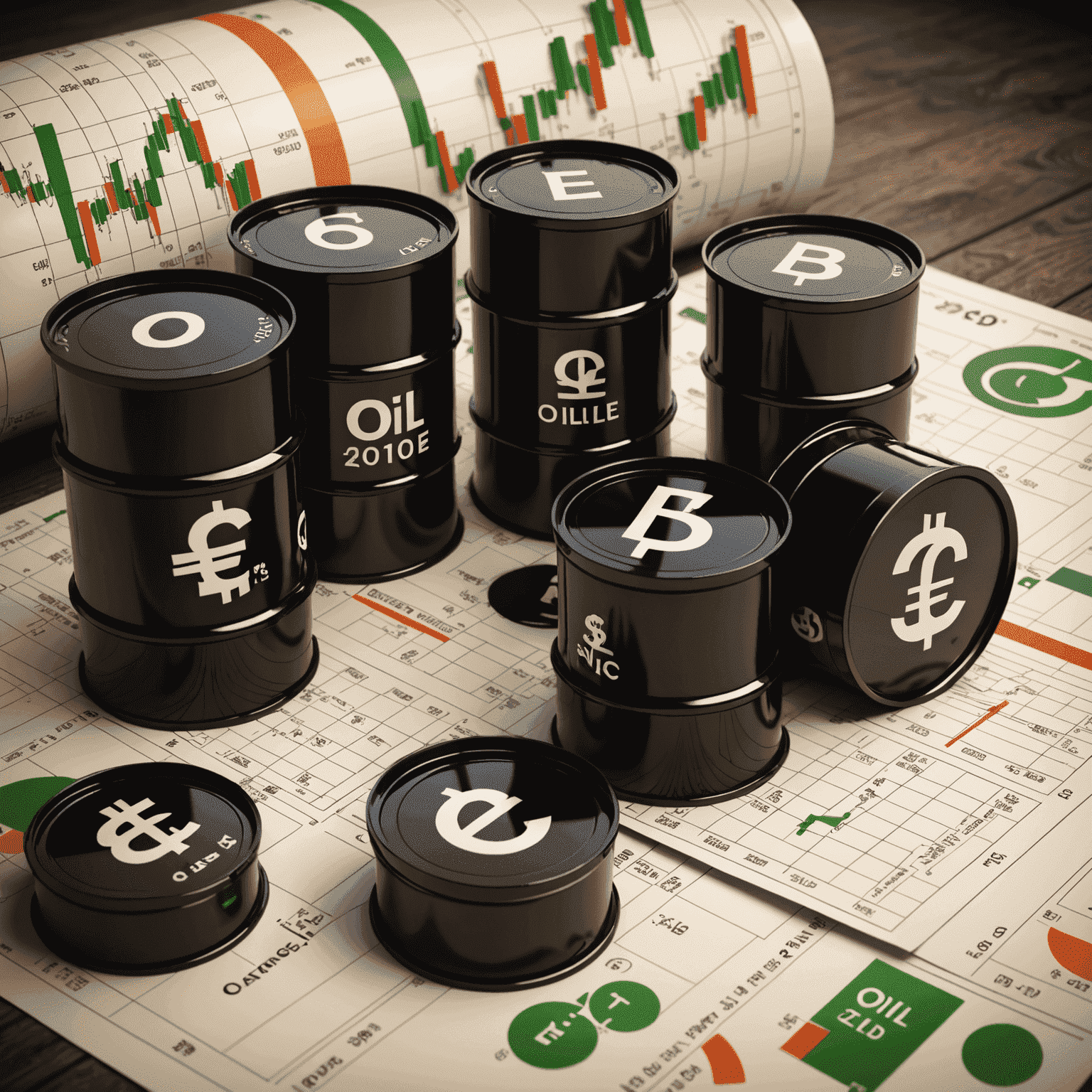 An illustration showing oil barrels, trading charts, and currency symbols, representing the basics of oil trading