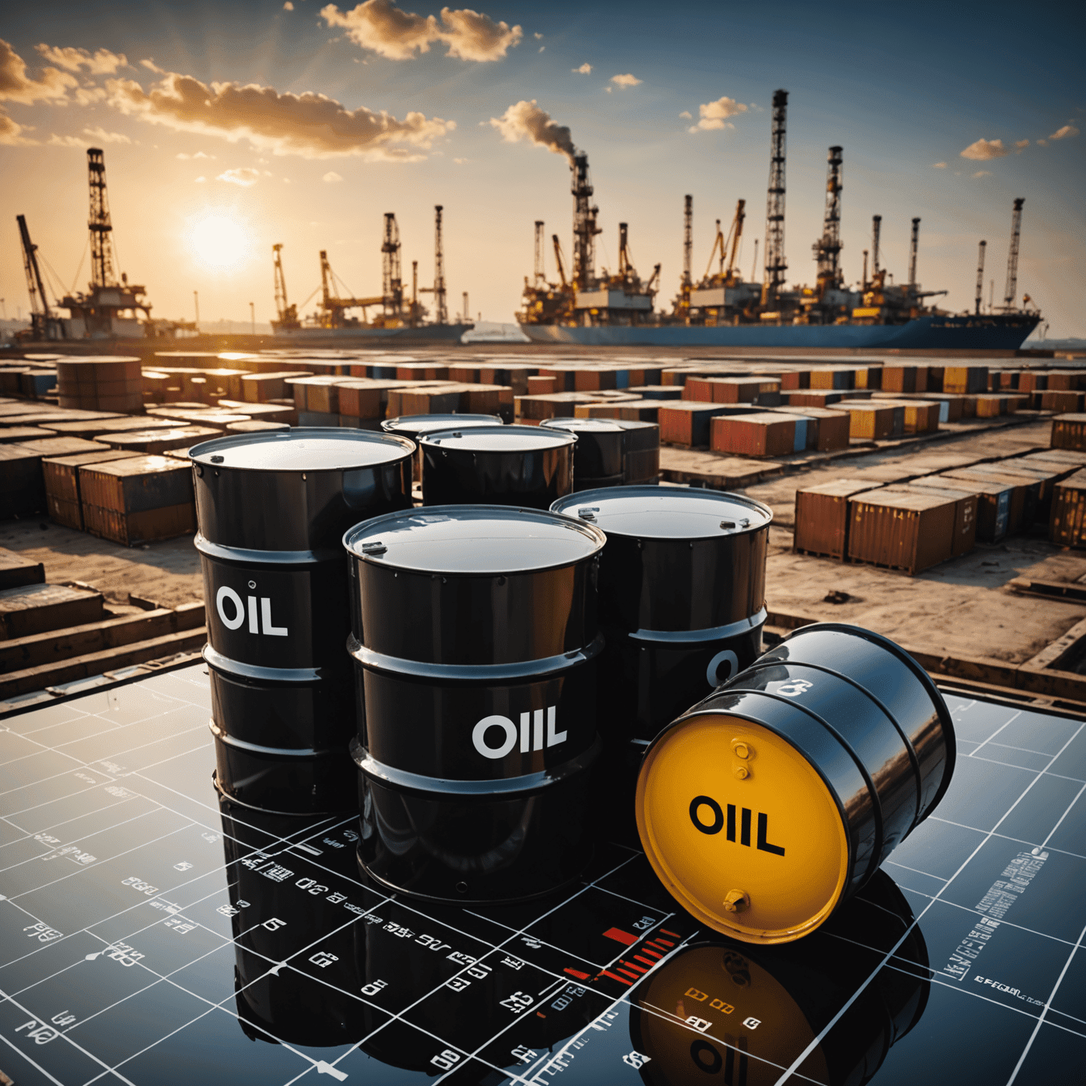 Oil trading chart showing price fluctuations and market trends, with oil barrels in the background