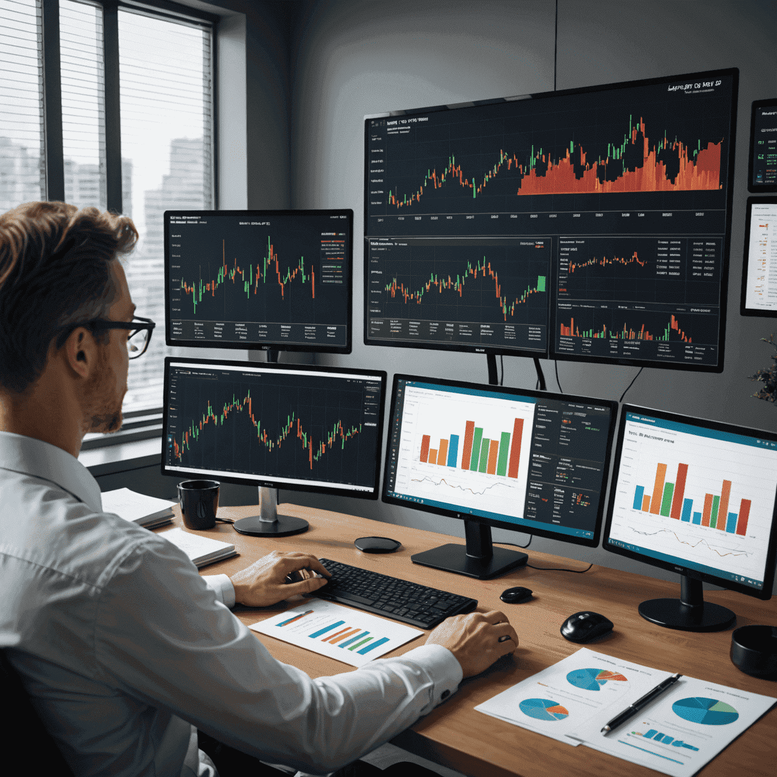 Oil trading business setup illustration showing a person at a desk with multiple screens displaying oil price charts, Canadian flag, and legal documents