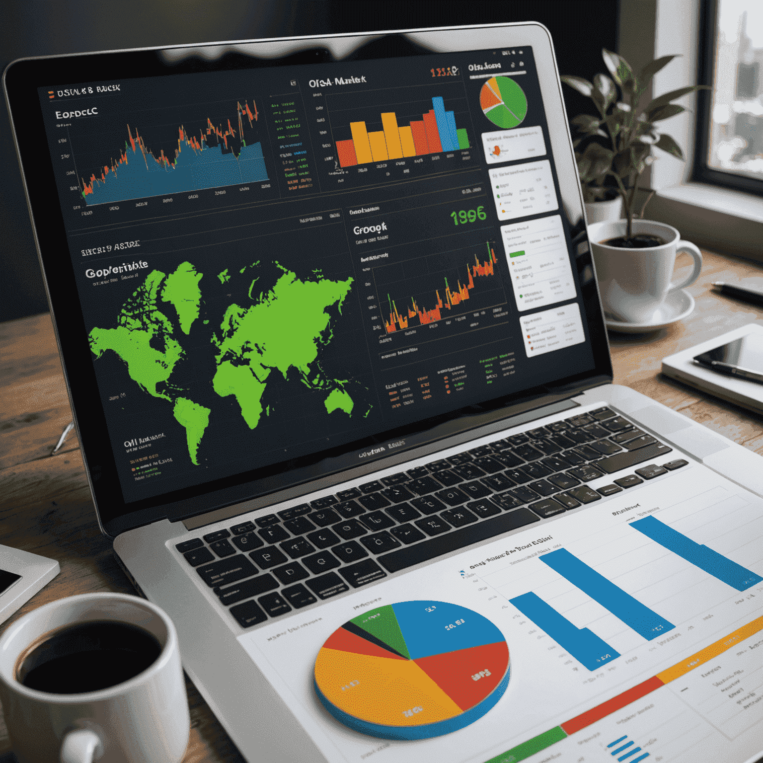 A sophisticated dashboard displaying various oil market analysis charts, including price trends, supply and demand graphs, and geopolitical risk indicators