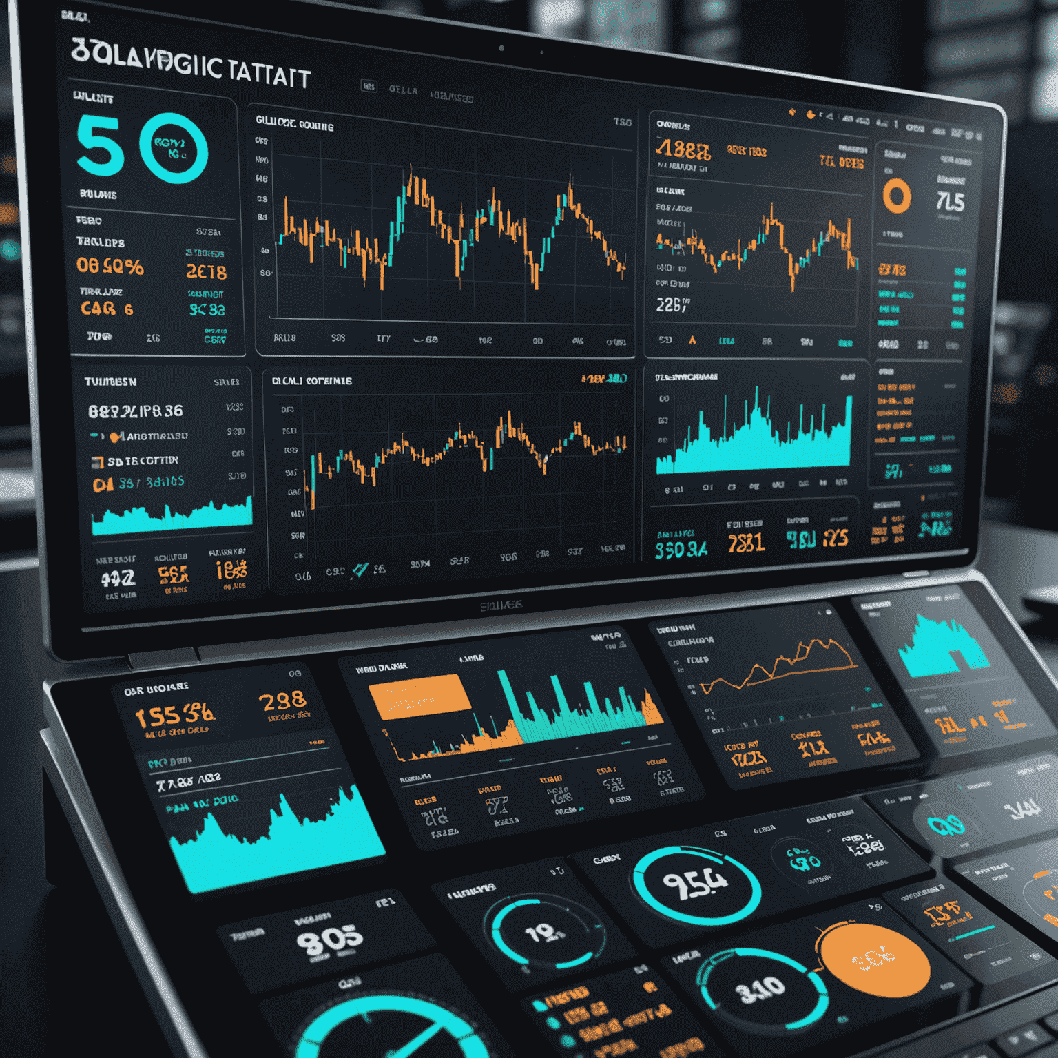 A futuristic trading dashboard displaying oil price charts, automated trading algorithms, and passive income statistics