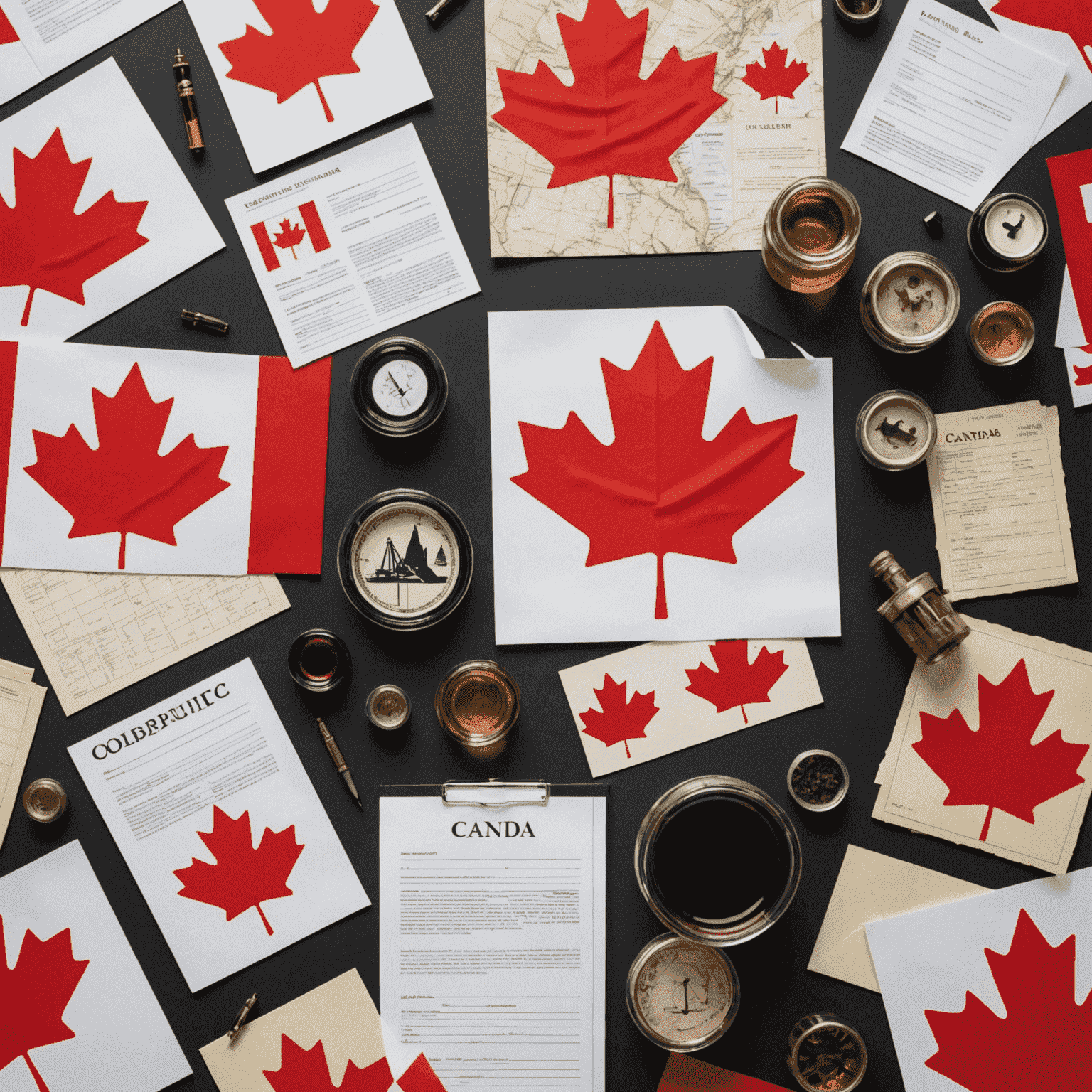 A collage showing Canadian flag, business documents, and oil industry symbols, representing the process of setting up an oil trading business in Canada