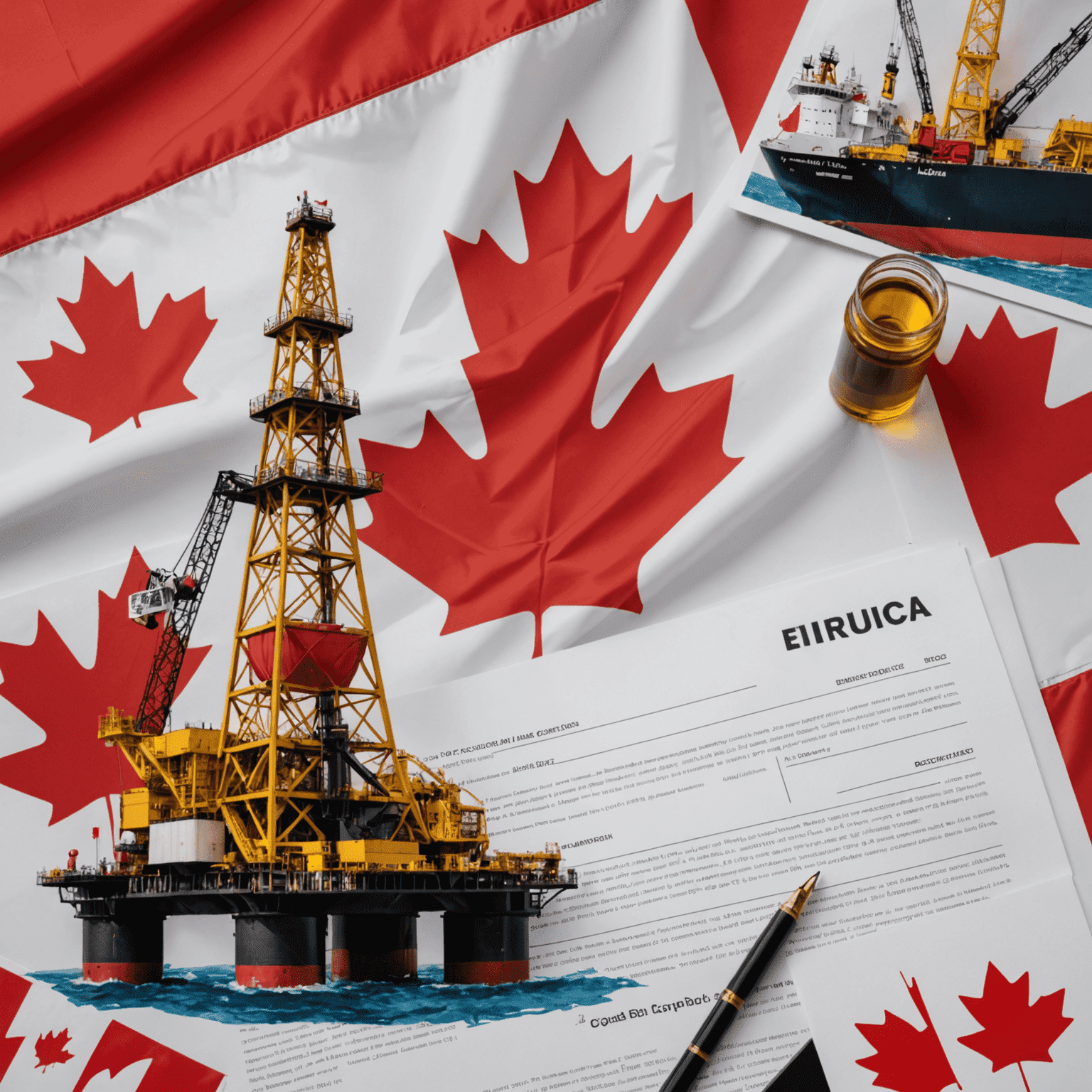 A collage of Canadian flag, legal documents, and oil rig, symbolizing the process of setting up an oil trading business in Canada