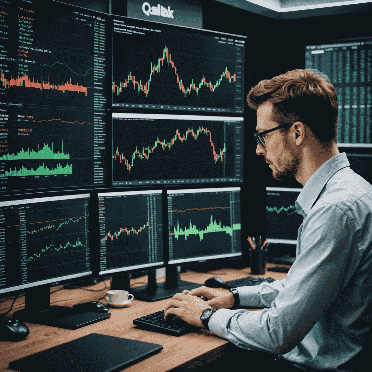 A split-screen image showing a programmer coding an oil trading algorithm on one side and live oil price charts with automated trade executions on the other