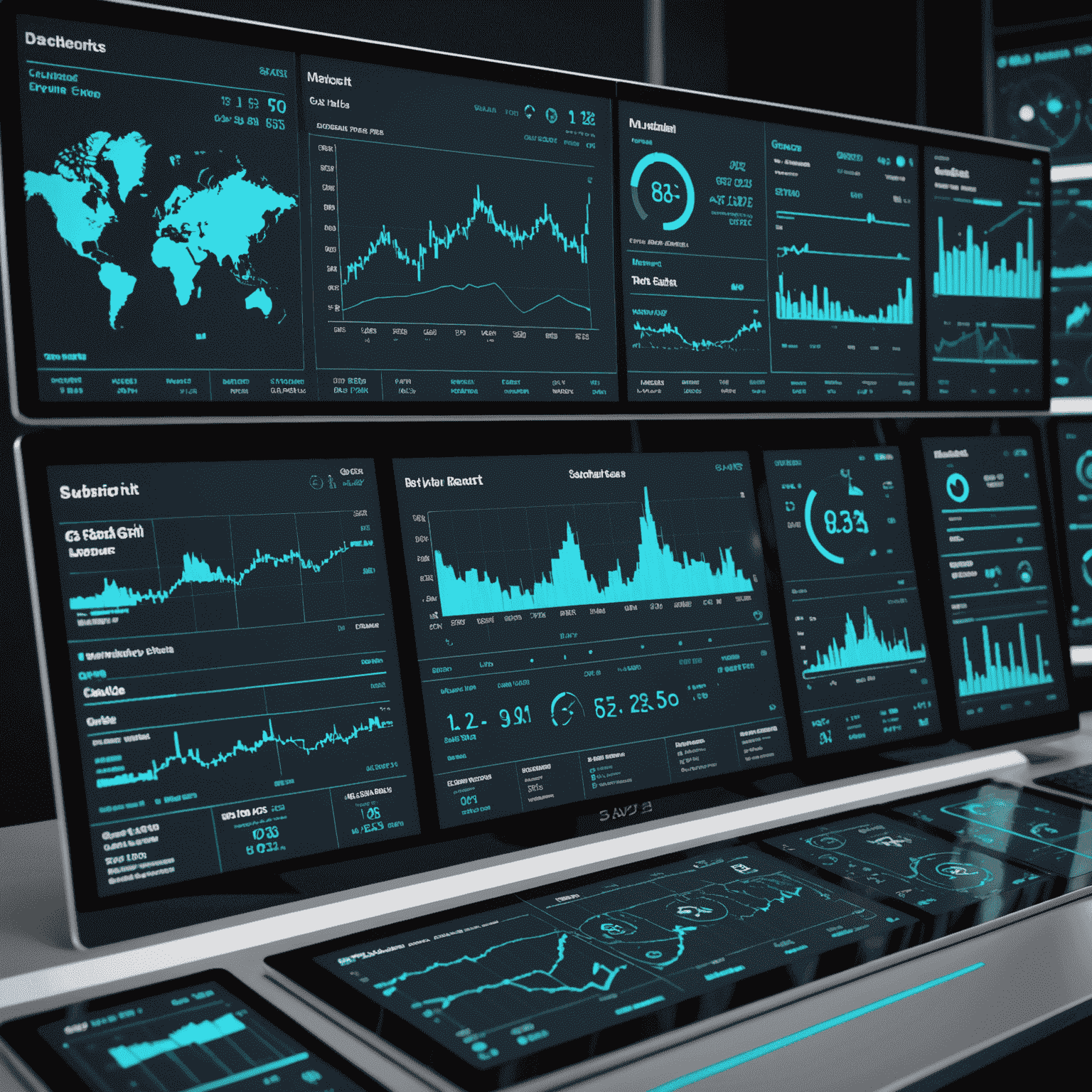 A futuristic dashboard with multiple screens showing various oil market charts, graphs, and data visualization tools