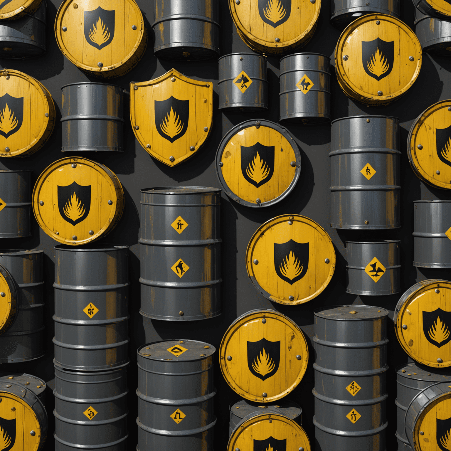 A shield protecting oil barrels from various hazard symbols, representing risk management in oil trading