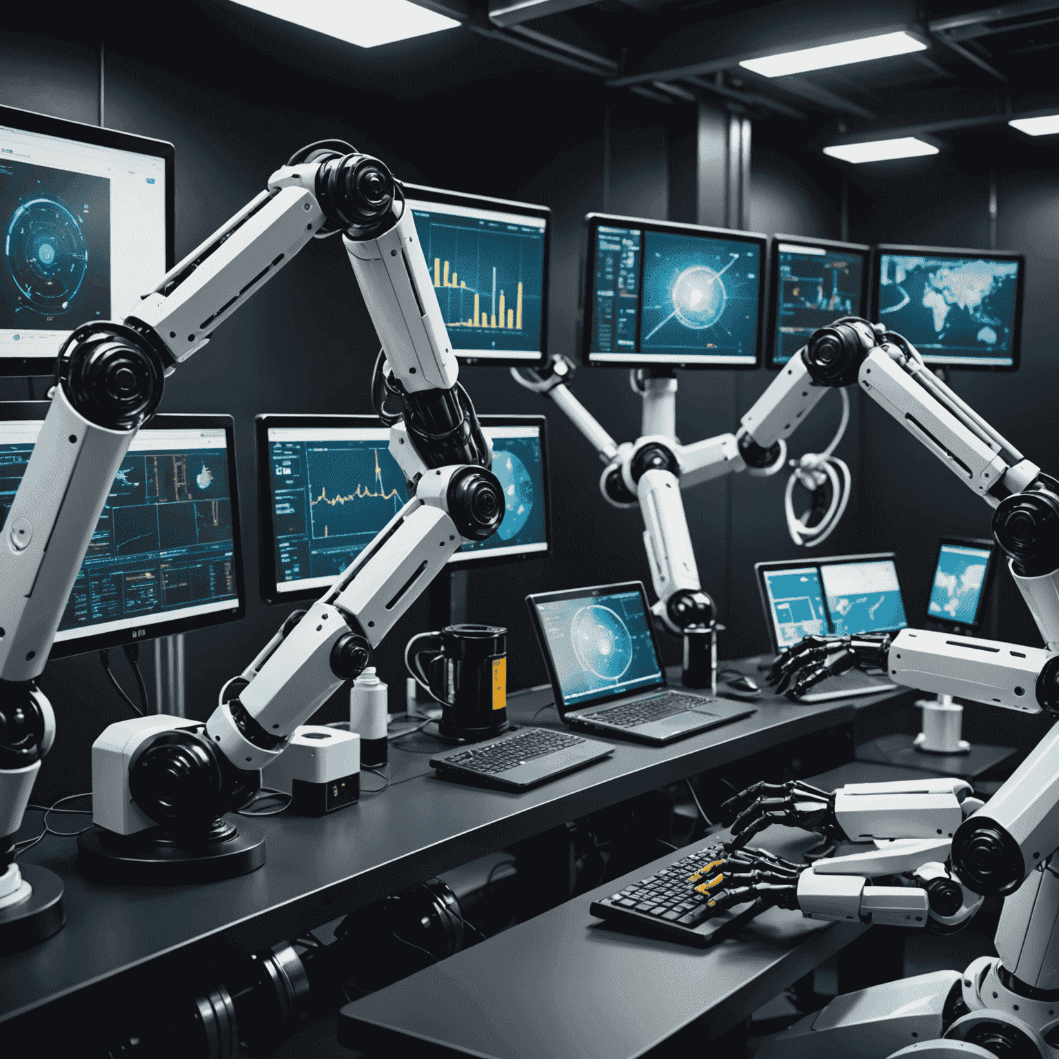 A futuristic robot arm trading oil on multiple screens, symbolizing automated oil trading systems